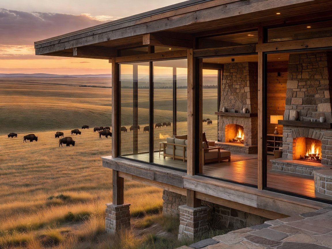 A contemporary wilderness lodge overlooking a protected buffalo reserve with panoramic glass walls, natural timber interiors, stone fireplaces, warm lighting, and expansive prairie views.