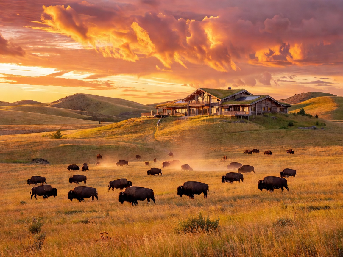 A breathtaking North American prairie at sunset featuring majestic wild buffalo roaming through golden grasslands, rolling hills, elegant timber observation lodges, dramatic skies, and luxurious eco-tourism architecture.