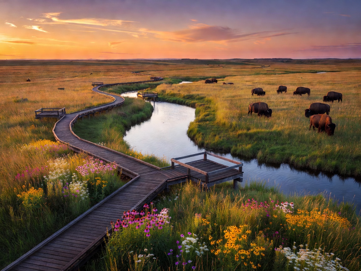 A scenic wooden boardwalk winding through protected grasslands with native wildflowers, tranquil rivers, observation platforms, and peaceful buffalo grazing beneath a glowing evening sky.